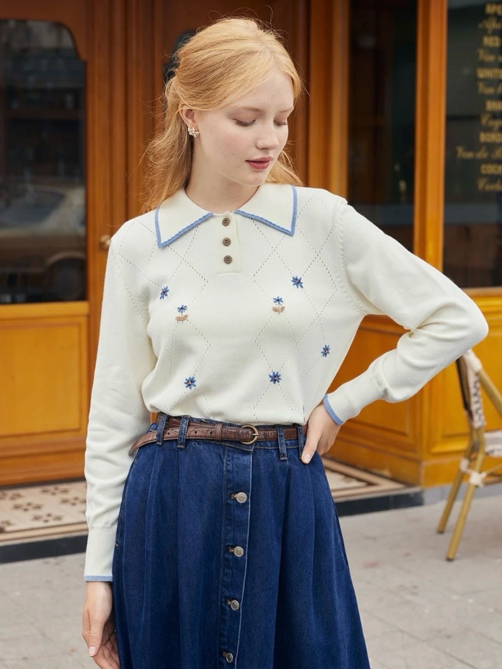 Simple Retro Floral Knit Polo Sweater